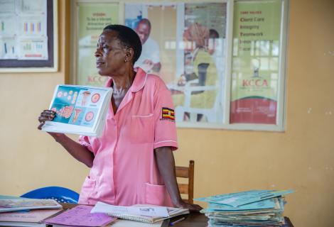 Nurse Margaret Kasolo, 57, educates women at Kawala Health Center IV in Kampala, Uganda